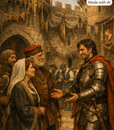 Ottorino steps into the castle courtyard and greets Ermelinda and Count del Balzo, as the onlookers watch the encounter unfold