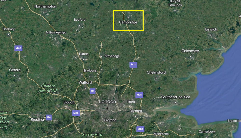 Cambridge lies north of London and east of Oxford