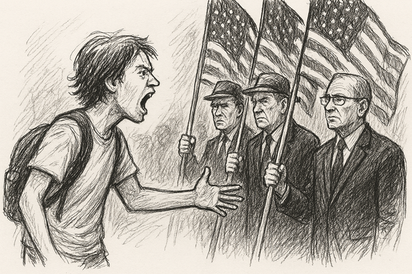 A protestor yells at three men who are holding American flags.
