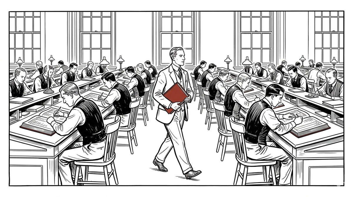 A black-and-white illustration of the New York Clearing House floor in 1923. 