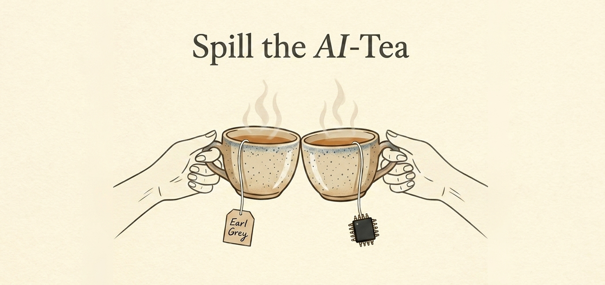 The Spill the AI-tea segment logo. Two ceramic mugs of tea touching in a toast, one with an Earl Grey tea bag, the other with a microchip dangling on a string in place of a tea bag.