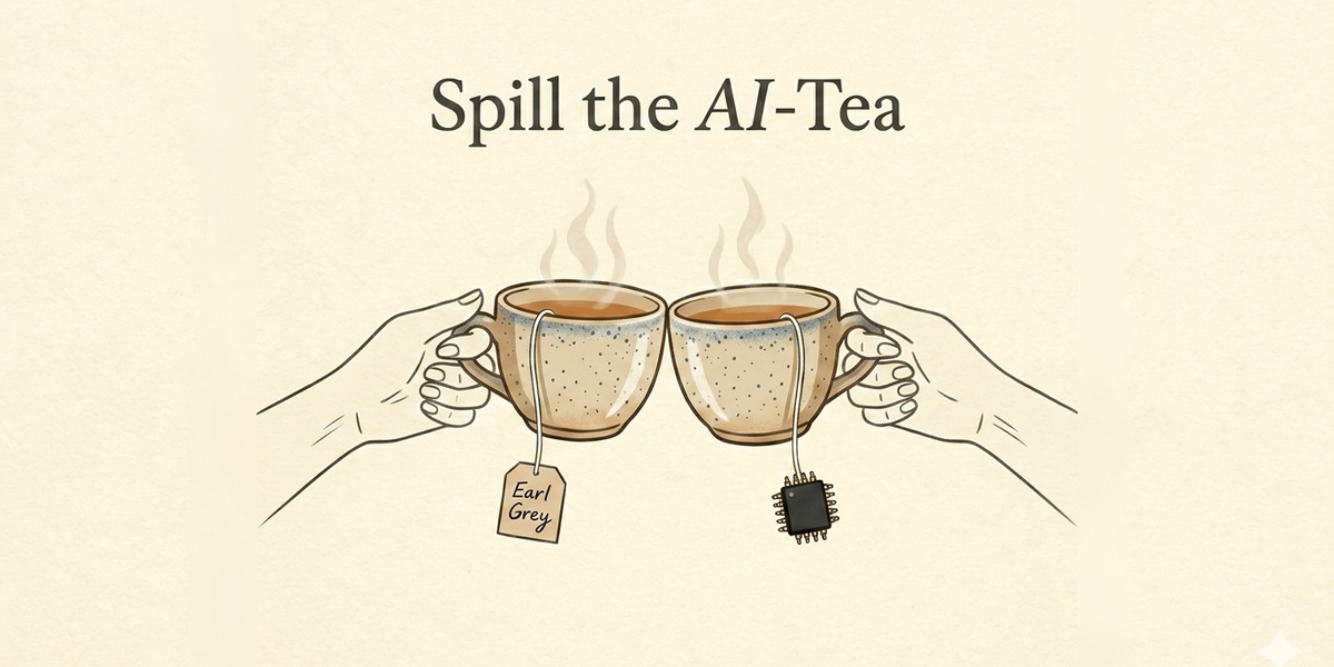 The Spill the AI-tea segment logo. Two ceramic mugs of tea touching in a toast, one with an Earl Grey tea bag, the other with a microchip dangling on a string in place of a tea bag.