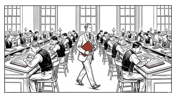 A black-and-white illustration of the New York Clearing House floor in 1923. 