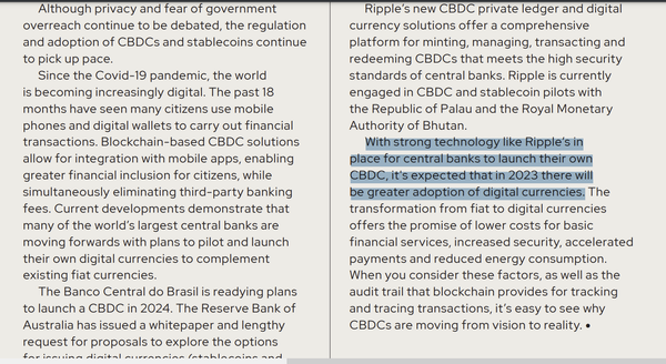 OMFIF - With strong technology like Ripple’s in place for central banks to launch their own CBDC, it's expected that in 2023 there will be greater adoption of digital currencies.