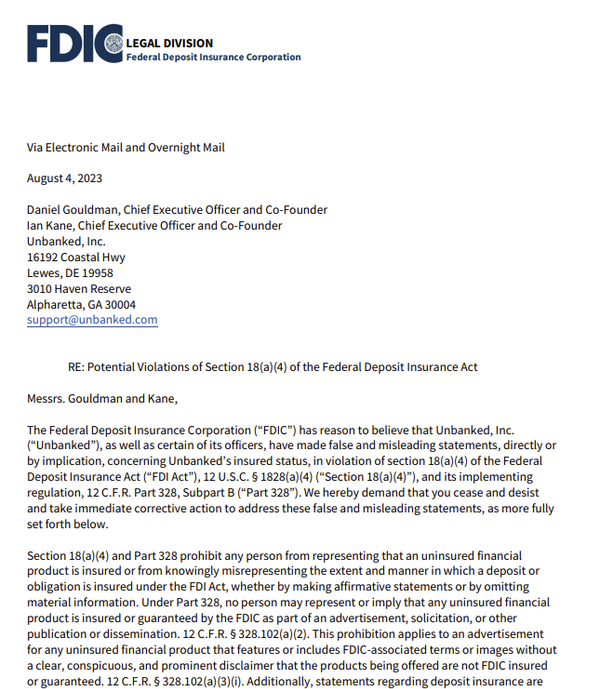 FDIC goes after UNBANKED (podcast eth) misleading statements they deleted the tweets