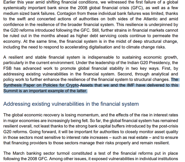 The Synthesis Paper on Policies for Crypto-Assets that we and the IMF have delivered to this Summit is an important example of the latter.