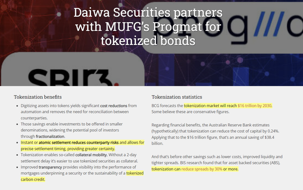 Daiwa Securities partners with MUFG’s Progmat for tokenized bonds