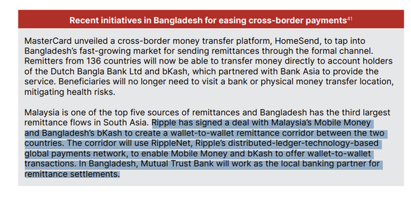 Ripple has signed a deal with Malaysia’s Mobile Money and Bangladesh’s bKash to create a wallet-to-wallet remittance corridor between the two countries. The corridor will use RippleNet, Ripple’s distributed-