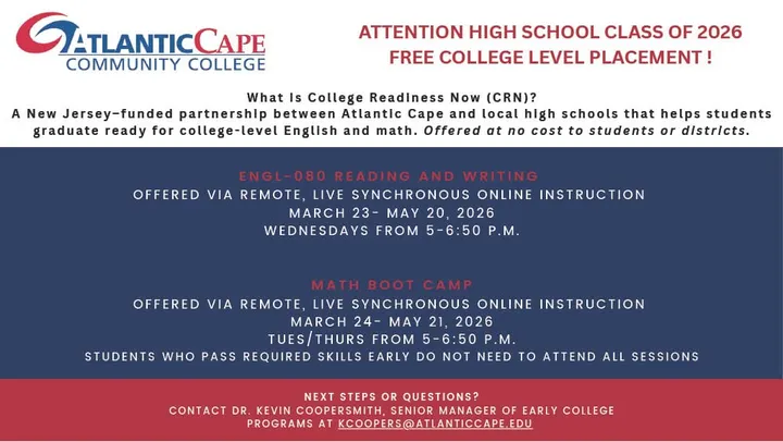 Free College Readiness Program from Atlantic Cape Helps High School Class of 2026 Prepare for College-Level English and Math