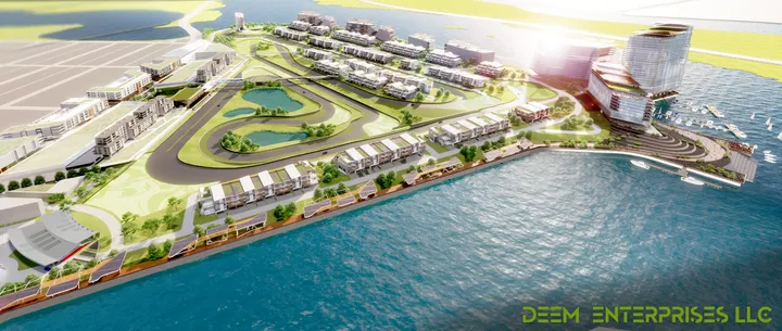 The Renaissance at Bader Field aerial rendering shows waterfront housing. The project also includes a 2.44 mile road course d