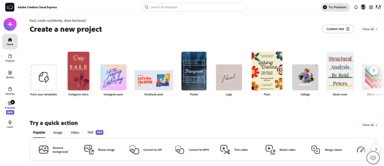 Adobe Express dashboard
