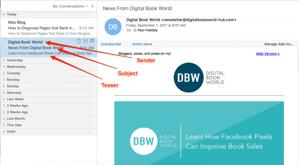 An inbox with the different parts of a new email detailed