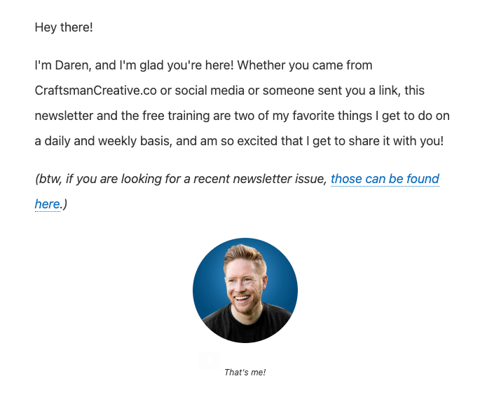 A welcome email from The Craftsman Creative