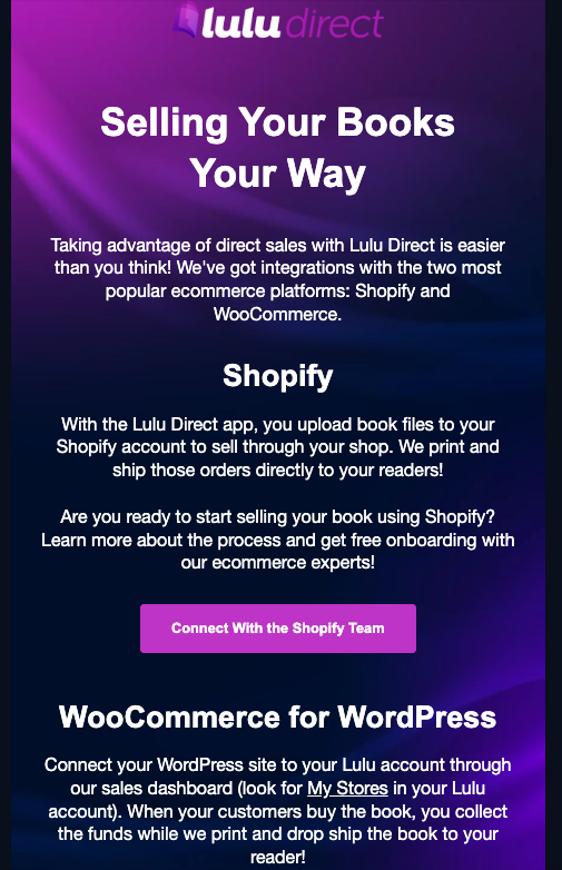 A Lulu email with content about writing, publishing, editing, and selling