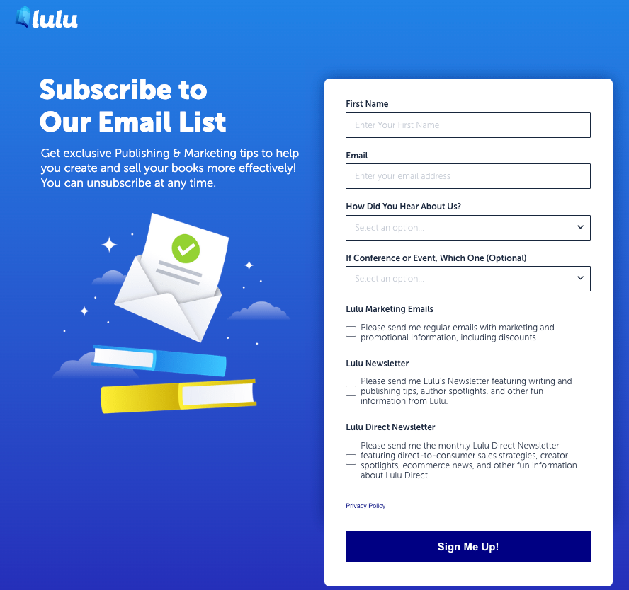 Lulu's email sign up landing page