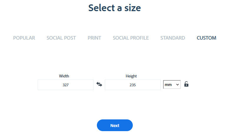 Select A Size Adobe Spark Custom Design