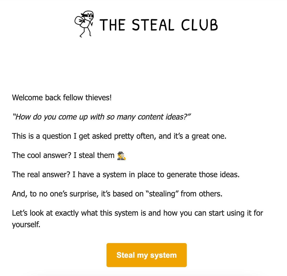 A sample email from The Steal Club