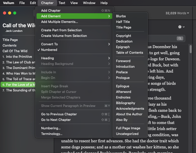 Inserting elements in your Vellum file, including front matter and back matter