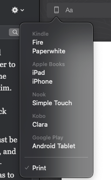 Selecting your device for ebooks and print specifications for your Vellum book design.
