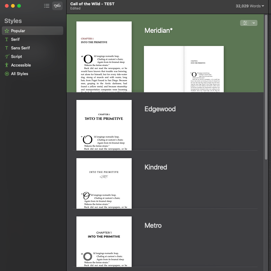 Vellum's list of 8 preset fonts