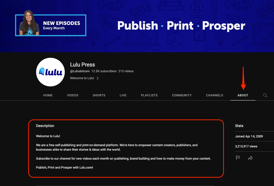 The location of your YouTube channel's description