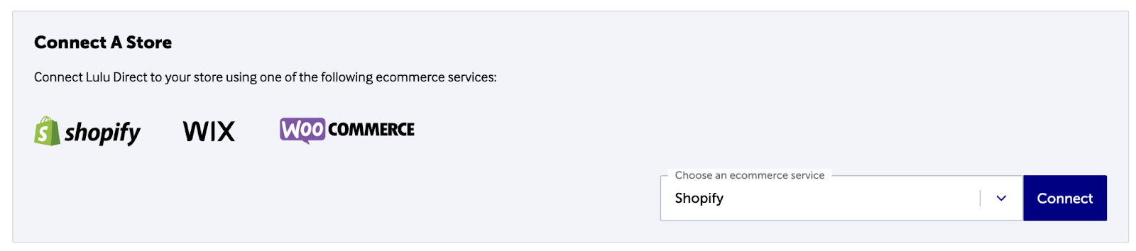 Selecting Shopify from your Lulu Direct store options