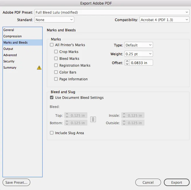 using the correct settings for trim marks and bleeds