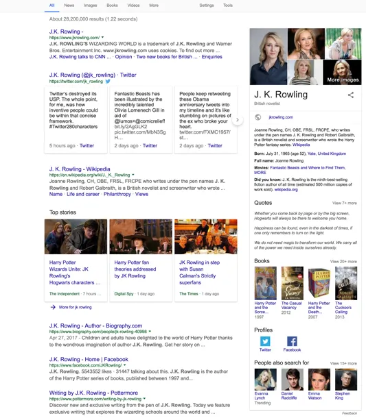 A search for the author 'JK Rowling'