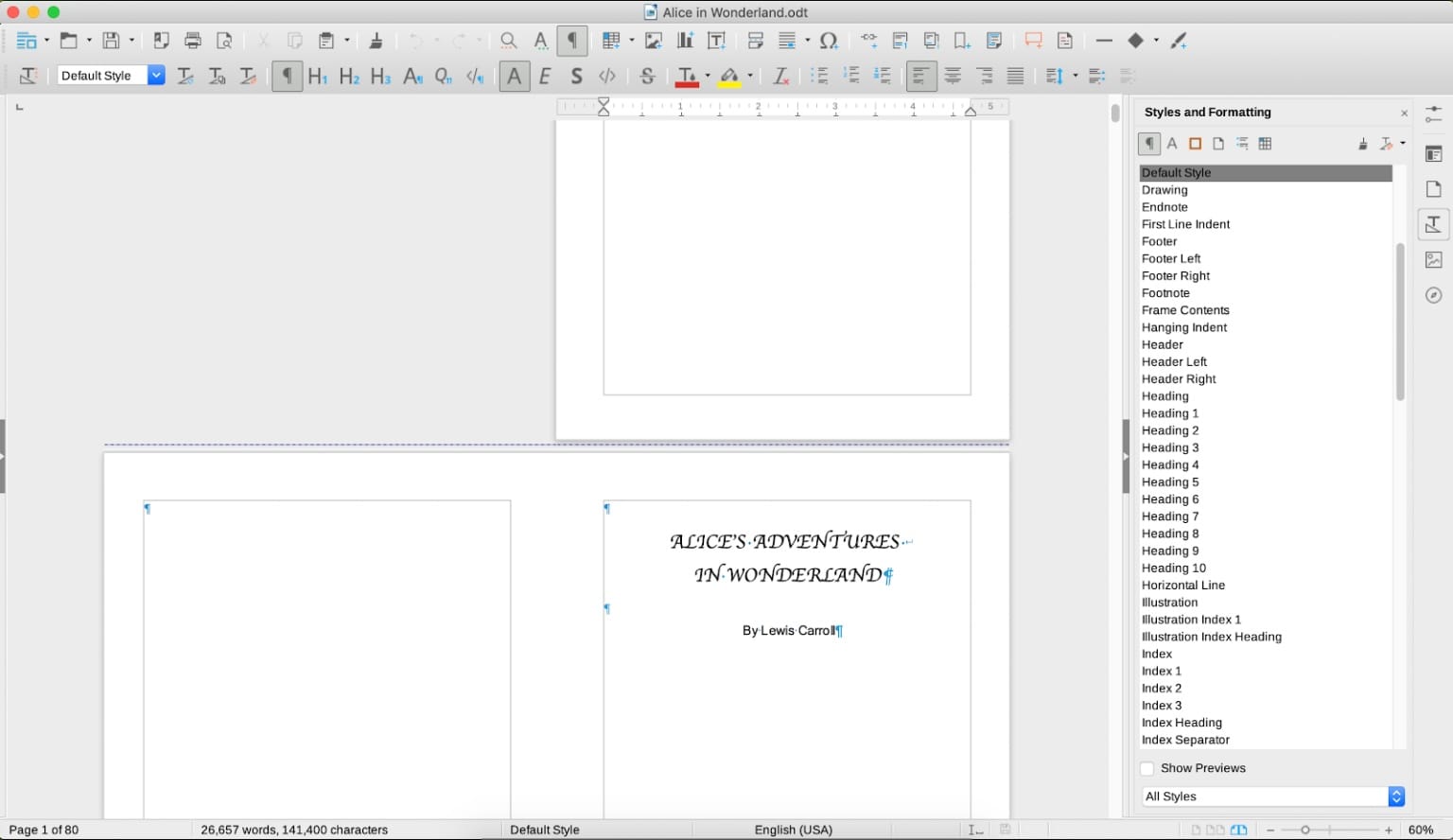 Libre Office home screen for editing a document