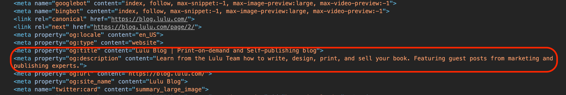 Meta title and description displayed in the Chrome console