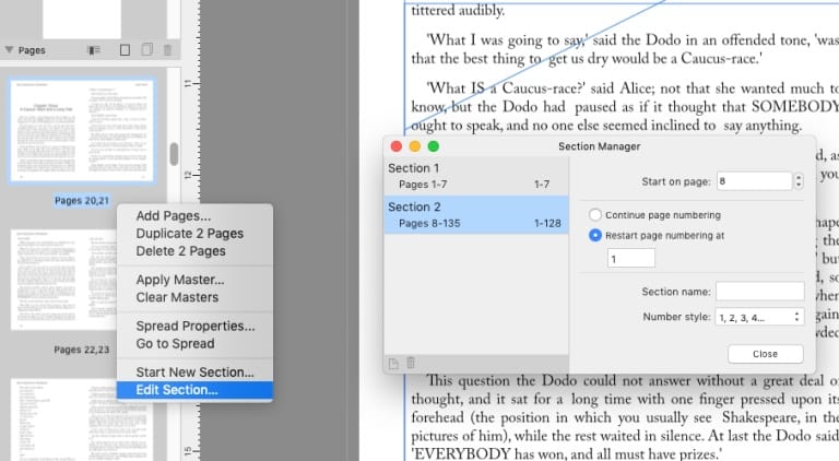 Managing sections in Affinity Publisher