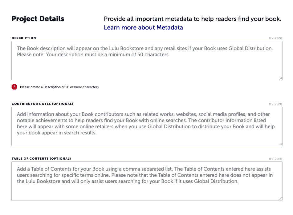 Adding your project details including your table of contents and description
