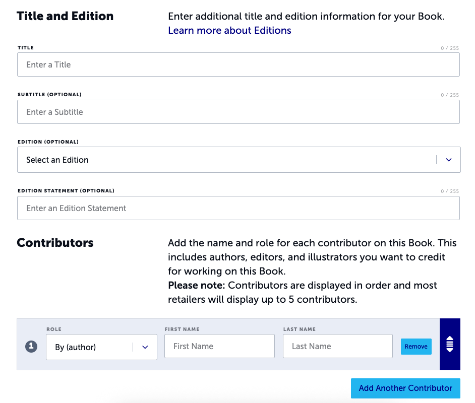 Adding your book's title, edition information, and contributors