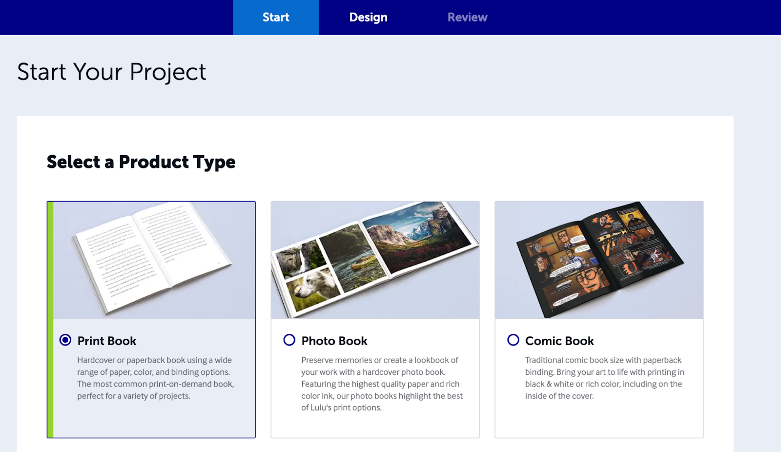 The first screen in the book creation process on Lulu, showing the 'Print Books' option selected