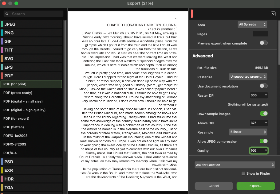 Affinity by Canva's export menue