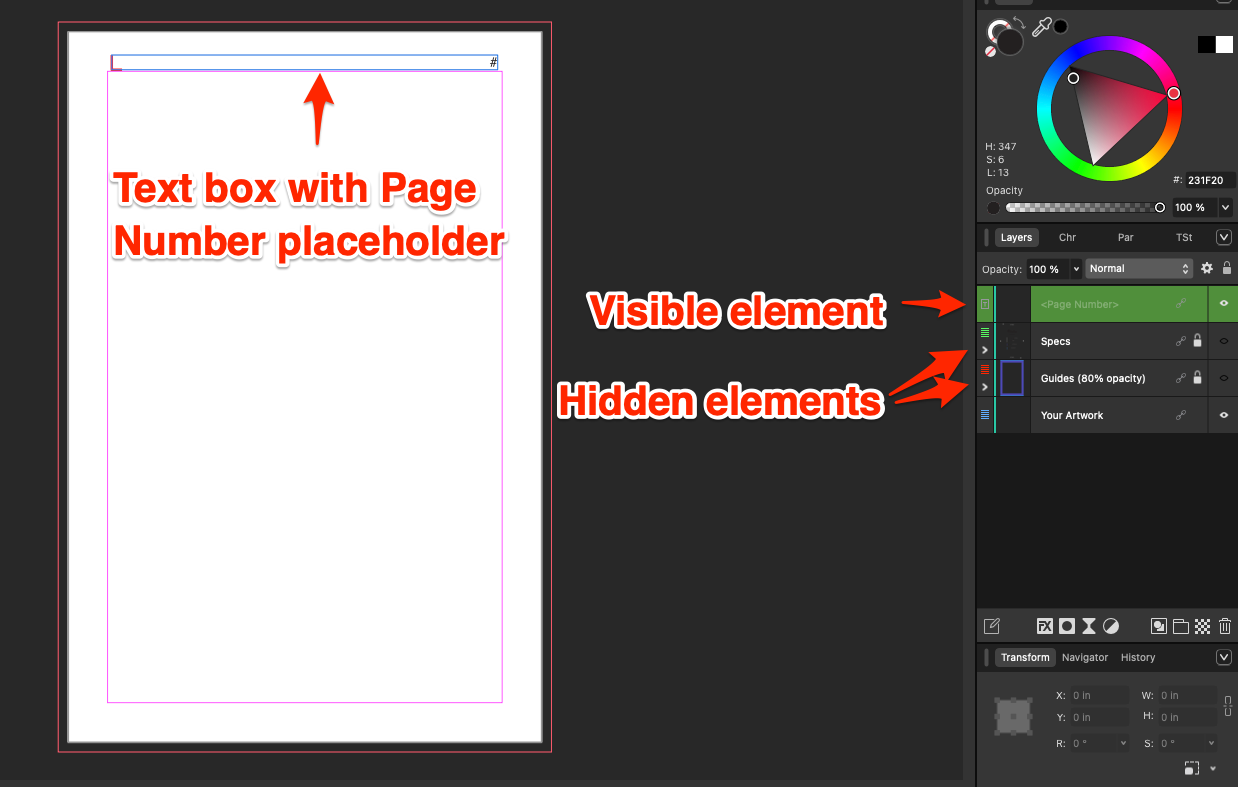 Managing visible elements on the page with Affinity by Canva