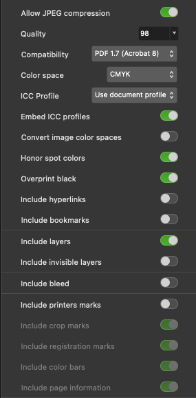 Additional printer settings to reveiw before exporting a PDF from Affinity by Canva