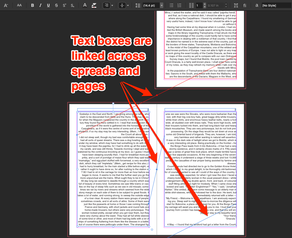 Multi-page spread showing how text boxes are linked to create flowing text
