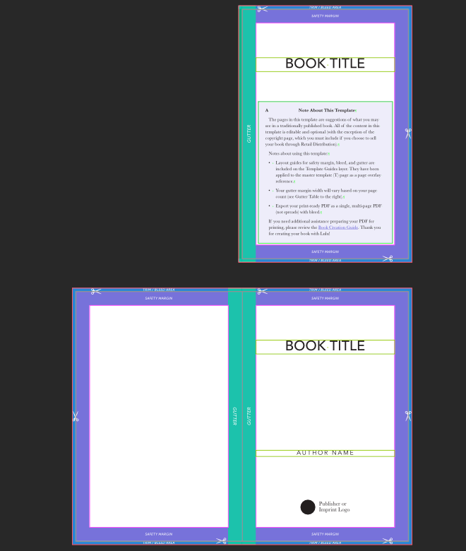 Lulu's multi-page template, including guides and information to help layout your book