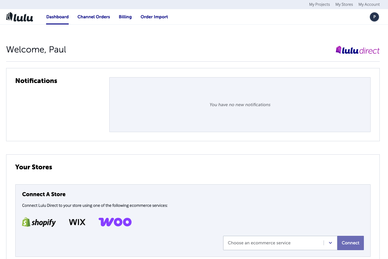 The Lulu Direct dashboard, with access to direct integrations and the Order Import tool