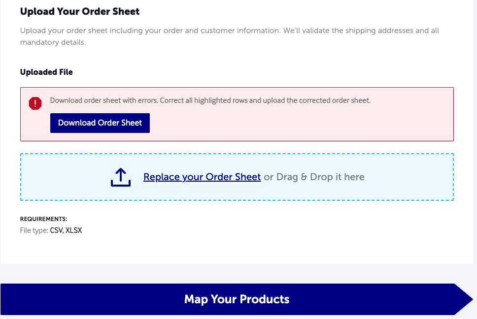 The file upload part of the Order Import process with an error message displayed