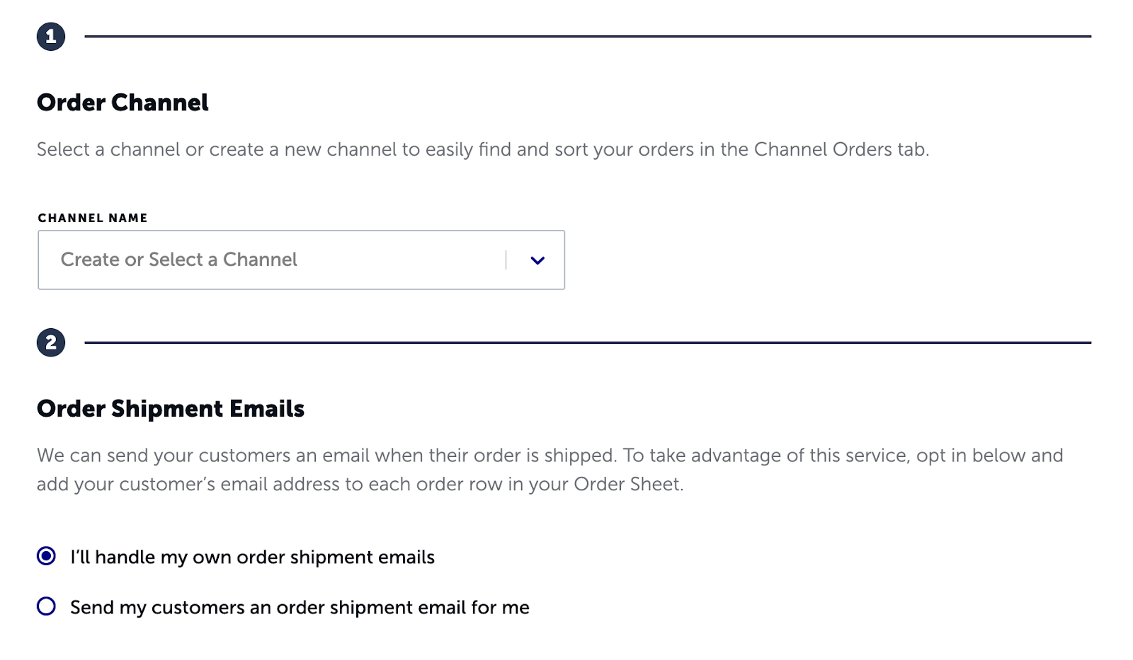The 'Order Channel' and 'Order Shipment Emails' steps of the Order Import process