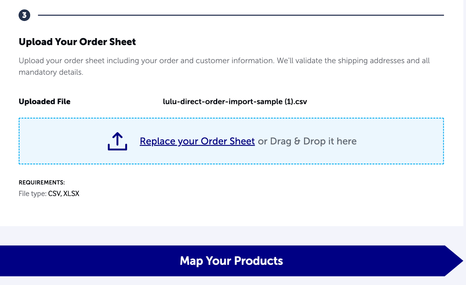 The file upload step in the Order Import process