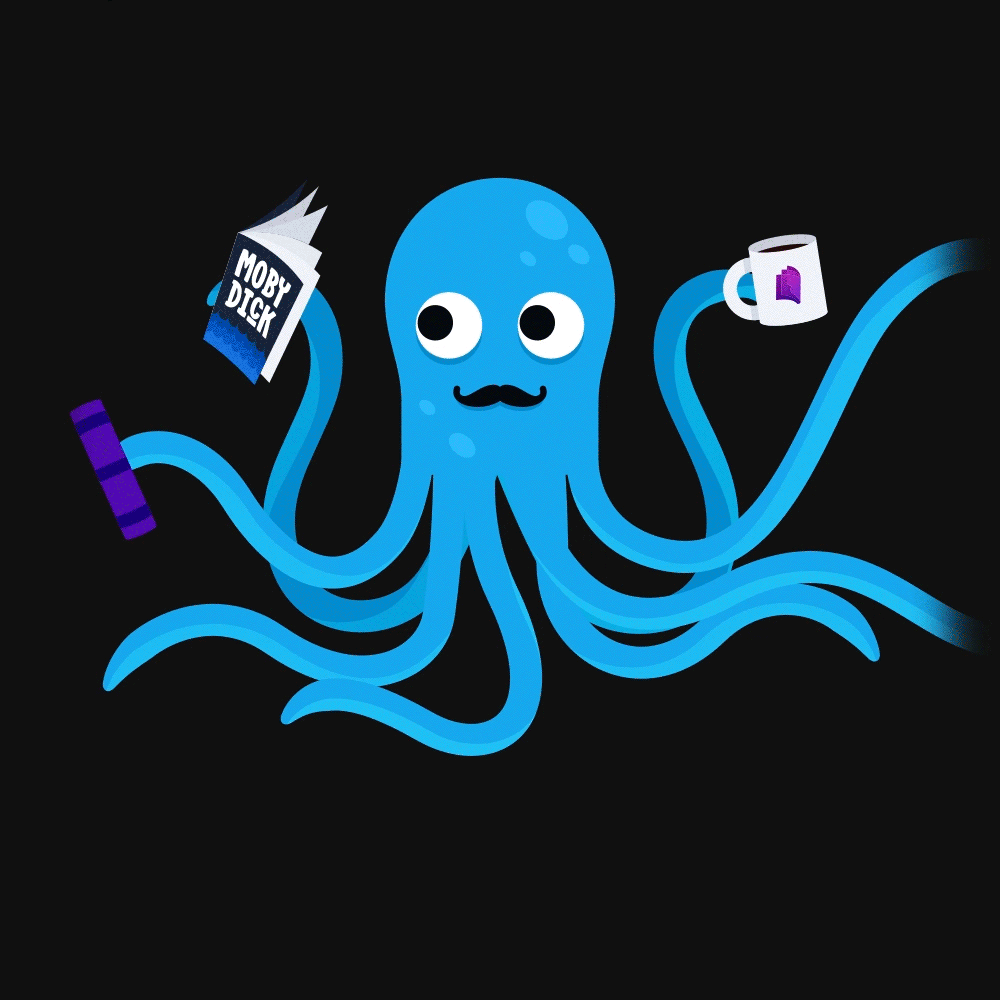 A GIF of an Octopus packing books into a box while reading 'Moby Dick' and sipping coffe