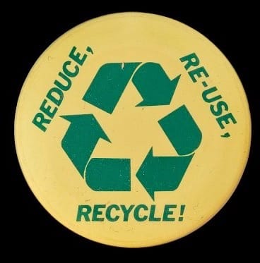 The yellow + green 'recycle' emblem with the words Reduce, Re-Use, Recycle!