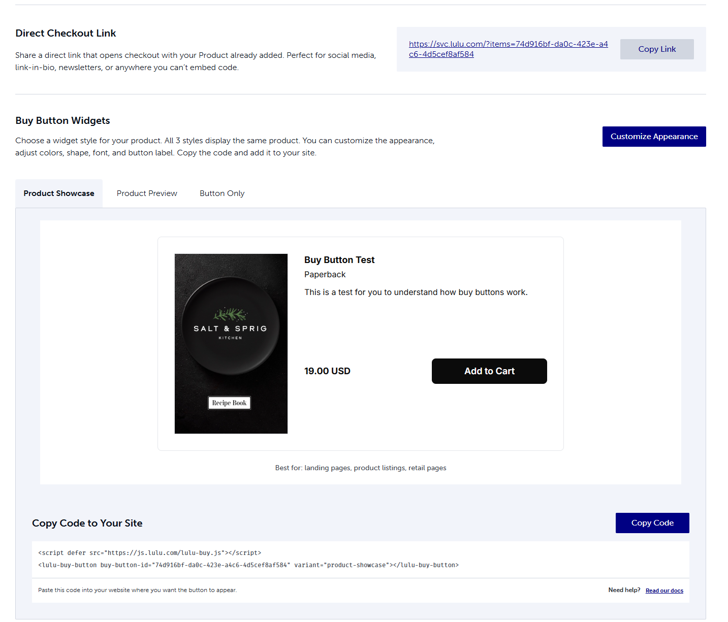 Options for a Direct Checkout link or embedded Direct Buy Button