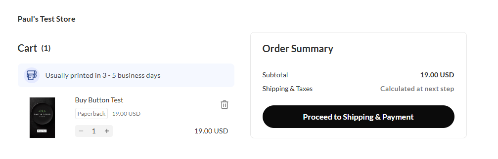 The cart and checkout experience using a Direct Buy Button or Direct Checkout link