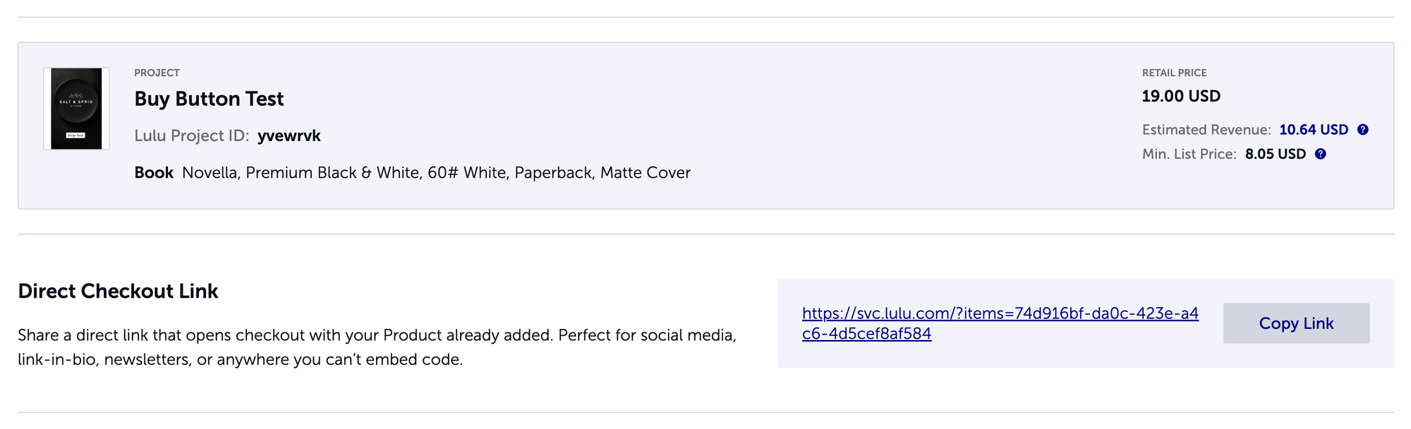 The product listing and direct checkout URL