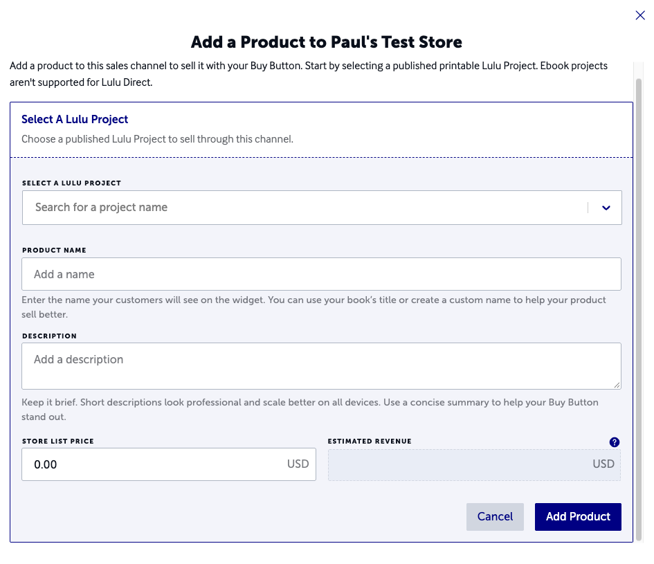 The information needed to added a Lulu project to your direct sales channel as a Product