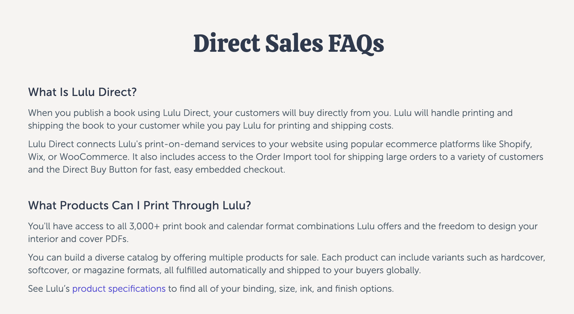 Example of Lulu Direct FAQs on the site